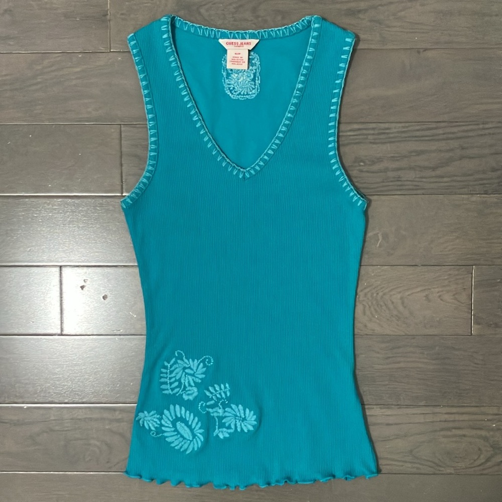 Y2K Vintage Guess Jeans Ribbed Tank Top with Embroidery Detail Size S